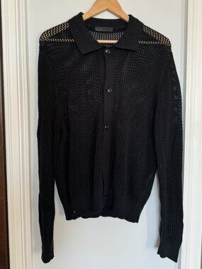 Oak & Fort Black Crochet Long Sleeve Button Up Polo in Medium
